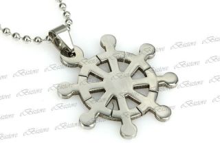  Mens Stainless Steel Buddhist Dharma Wheel Pendant Ball Chain Necklace