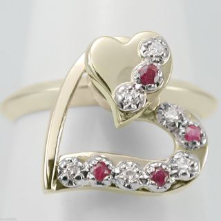 14k Diamond Ruby Twirling Heart Ring Solid Yellow Gold Ring Spin