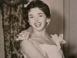 Dawn Addams, Jubilant Photograph in White Ball Gown and Elbow length