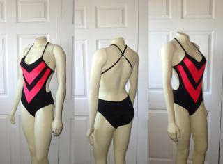 Vintage Swimsuit Marina Delmar Neon Pink Black Chevron Criss Cross Sz