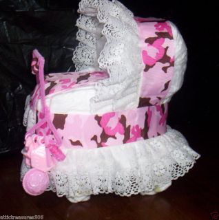 Pink Brown Camo Bassinet Diaper Cake w Mother to Be Hanger Toys