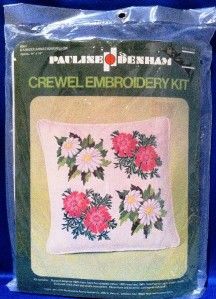 Vintage Pauline Denham Daisies Carnations Crewel Pillow Kit New