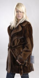 Brown natural demi buff Mink Fur long jacket coat with fur belt  SAGA