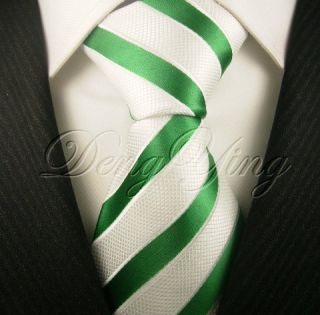 DENG YING New Striped Green White Jacquard Woven Mens 100% Silk Ties