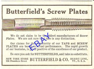 1917 Butterfield Screw Plates Tap Die Ad Derby Line VT