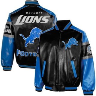 Detroit Lions Post Game Pleather Jacket Black Light Blue