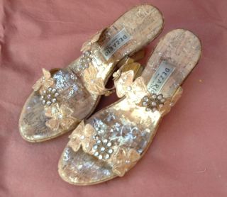 Dezario Metallic Gold and Rhinestone Floral Strap Womens Sandals Size