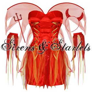  Red Devil Halloween Fancy Corset Dress Horns Outfit Costume