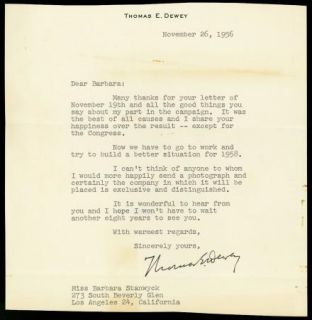 Thomas Dewey Vintage Original 1956 Typed Letter Signed to Barbara