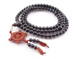  108 6mm Black Sandalwood Dharma Wheel Prayer Beads Mala Necklace  24