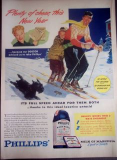 1947 Phillips Milk of Magnesia Winter Skiing Vintage Ad
