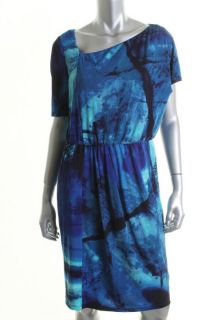 Donna Morgan Blue Matte Jersey Asymmetric Neck Lined Wear to Work
