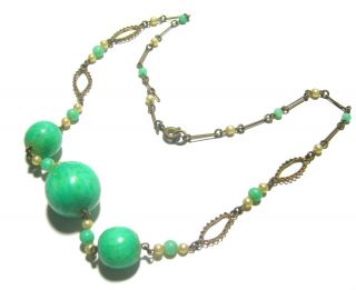 Vintage Art Deco Peking Glass Filigree Brass Necklace PAPERCLIP Chain