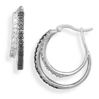 sterling silver black white cz double hoop earrings