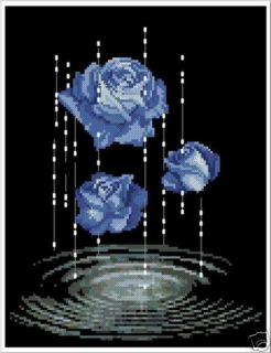  XStitch Kit Blue Roses in Rain with DMC Floss
