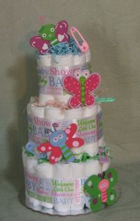 Tier Diaper Cake BUTTERFLIES Baby Shower Centerpiece Girl or Boy