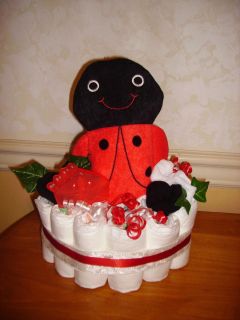Diaper Cake Red Lady Bug Design with Wash Mit Teething Ring and More