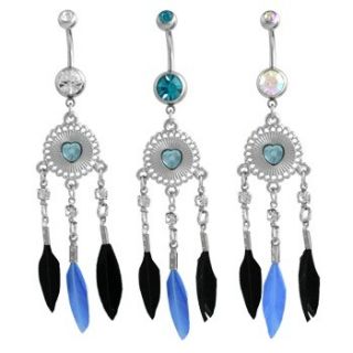 14g Dreamcatcher Belly Ring Blue Black Feather Naval Dangle Body
