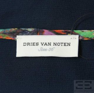 Dries Van NOTEN Navy Silk Colorful Trim Pleated Long Sleeve Dress Size