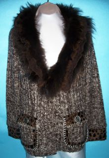 New Dolce Cabo Brown Fur Leopard Designer $239 Sweater Coat Jacket