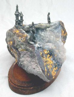 Pewter Unicorn Castle Wizard with Baby Dragon Gold Crystal Lined Geode