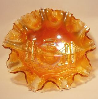 Dugan (Diamond) Marigold Carnival Glass Brooklyn Bridge ruffled Bowl