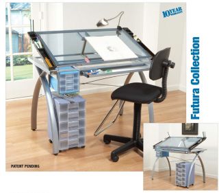 studio design glass top drafting table with drawers blue tempered