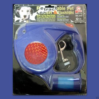 Retractable Dog Leash POO Bag Holder Dispenser Flashlight Safety Lead
