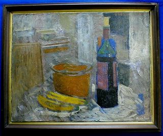 Oil Painting Still Life Wine Bottle Bananas Duvalier