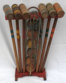 Vintage Croquet Set with Original Wooden Caddy Stand Toy