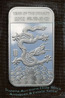 2012 Year of The Dragon 999 Fine Silver Bullion Art Bar 1 Troy oz