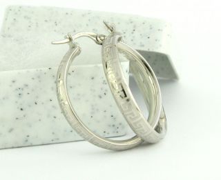 10K Solid White Gold Versace Greek Design Hoop Earrings