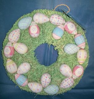 Vintage Easter Painted Egg Hanging Wreath Eggs Green Straw Bed Pastel