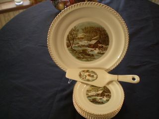  CURRIER & IVES DESSERT SET BY HARKER POTTERY CO. EAST LIVERPOOL, OHIO
