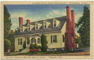 Williamsburg VA Providence Hall Middle Plantation Hill Linen Postcard
