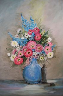 Duval Vintage Oil Painting Flowers in Blue Vase Canvas