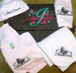 Personalized Baby Gift Blanket, Hat, Bib, Bodysuit, Pants