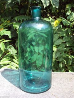  Large Antique Bluegreen Glass Apothecary Jar Bottle