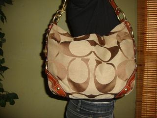 Brown Canvas Leather Signature Carly Coach Slouchy Hobo Shoulder Bag