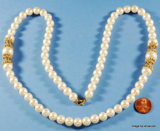 VTG DRESSY PEARL GLASS NECKLACE WITH GOLD JEWELED SPACERS 29