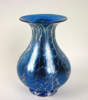 Durand Blue and White iridescent King Tut Pattern Art Glass Vase