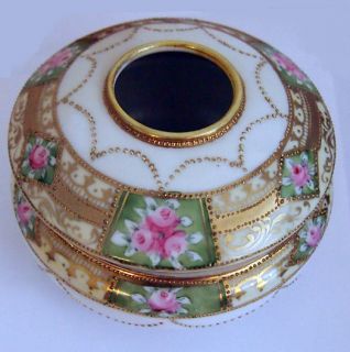 Antique Gold Beadwork Handpainted Pink Roses NIPPON Vanity Jar Hair