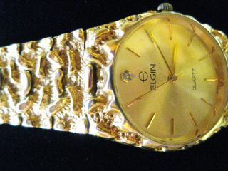 Vintage Elgin Mens Gold Nugget Diamond Quartz Watch