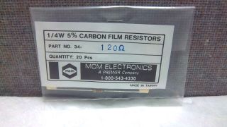 Pkg of 20 MCM Electronics 1 4W 5 Carbon Film Resistors 34 120 New