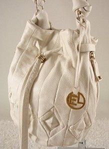 Elliot Lucca Leather Drawstring Bag Ivory Side Zip Pockets 140
