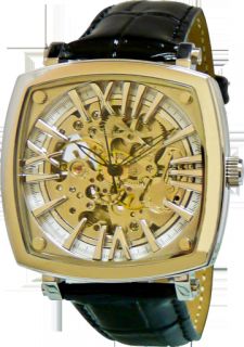 New Adee Kaye Mens Skeleton Two Tone Gold Dial Black Leather Band