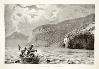 1891 Wood Engraving Switzerland Fishing Lake Rowboat Net Paddle Night