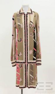 Emilio Pucci Vintage Tan Pink Jersey Knit Printed Zip Dress Size 14
