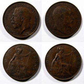 LOT of 2 Coins 1907 Edward VII 1917 George V UK LARGE ONE PENNY