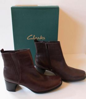 NIB CLARKS Brown Leather Betty Ankle Boots Womens 10 Stacked Heels NEW